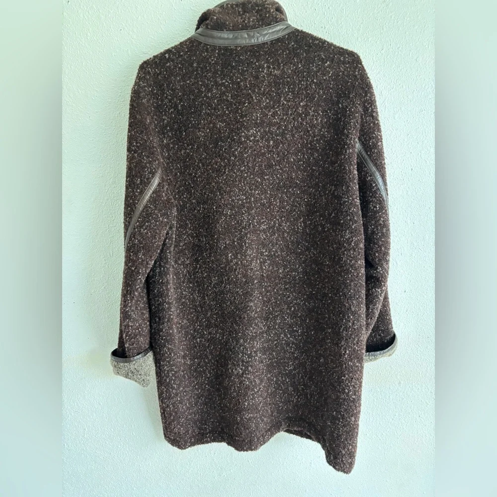 Vintage Made In Japan Women's Brown Wool Leather Trim Coat L - Picture 2 of 9